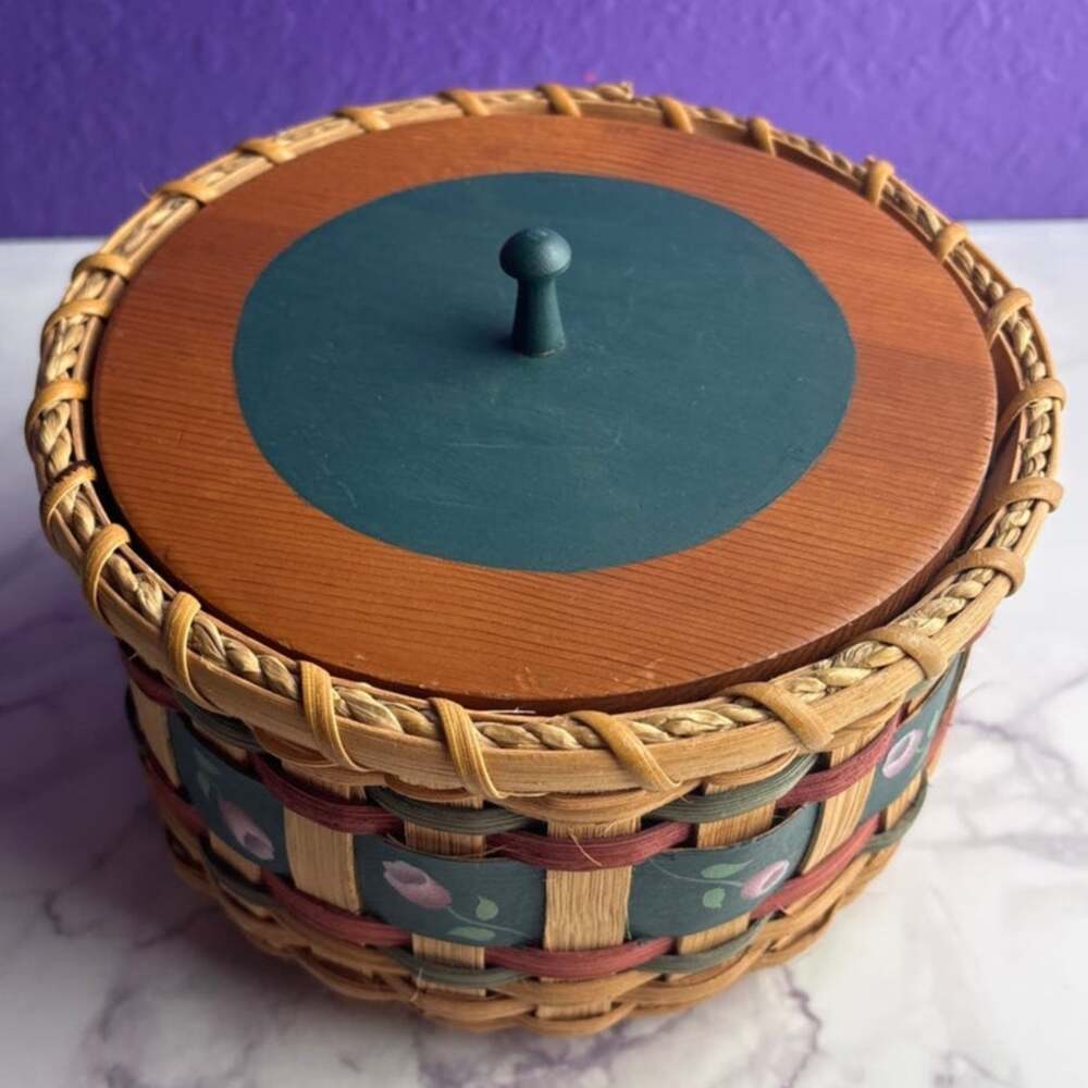 Handwoven Reed Basket Wood Lid Hand Painted Roses Signed '93 Fall Sewing Storage